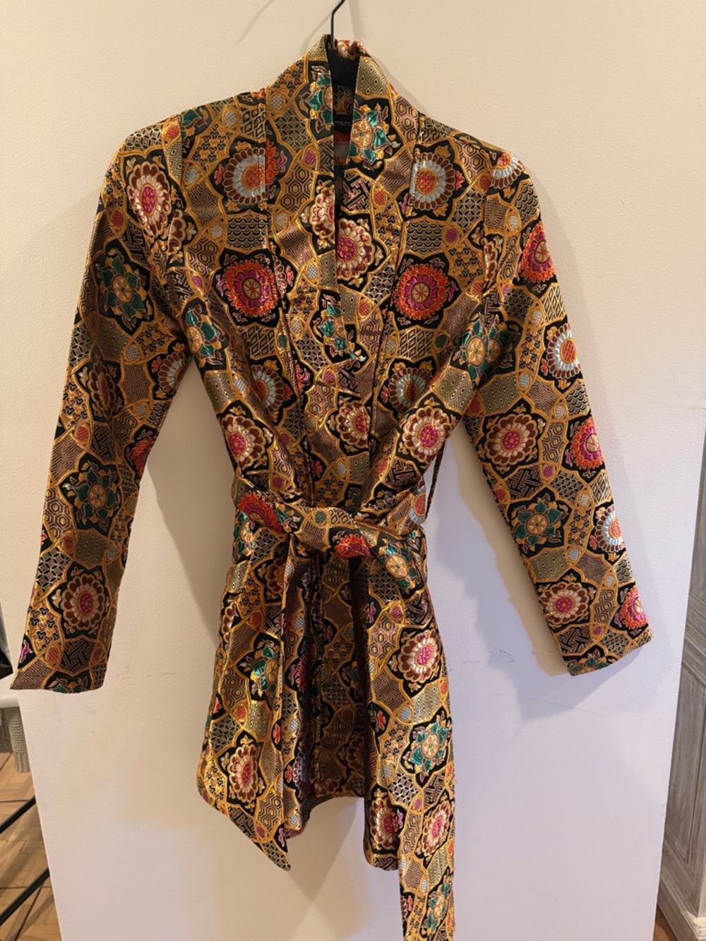Embroidered Floral Brocade Kimono Dress / Jacket - Gold, Teal, Pink